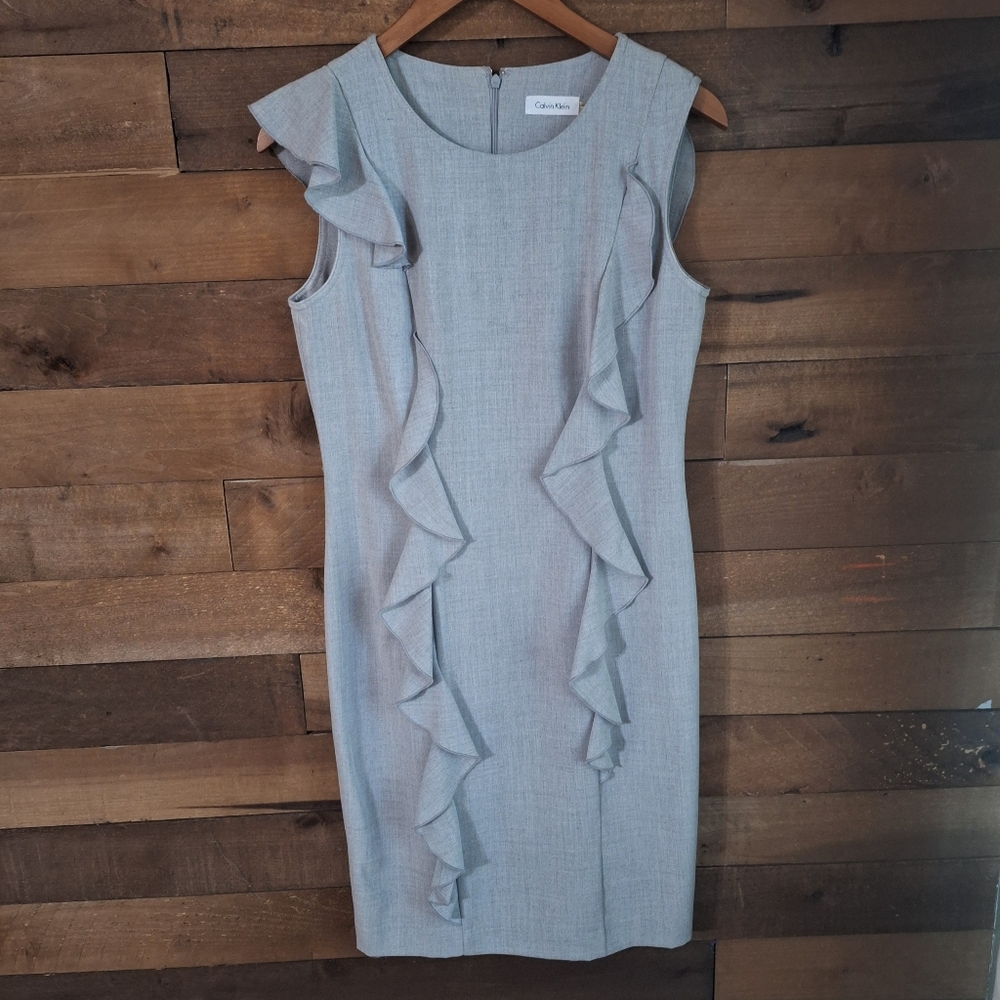 Calvin Klein Grey Ruffle Sheath Dress SZ 6
